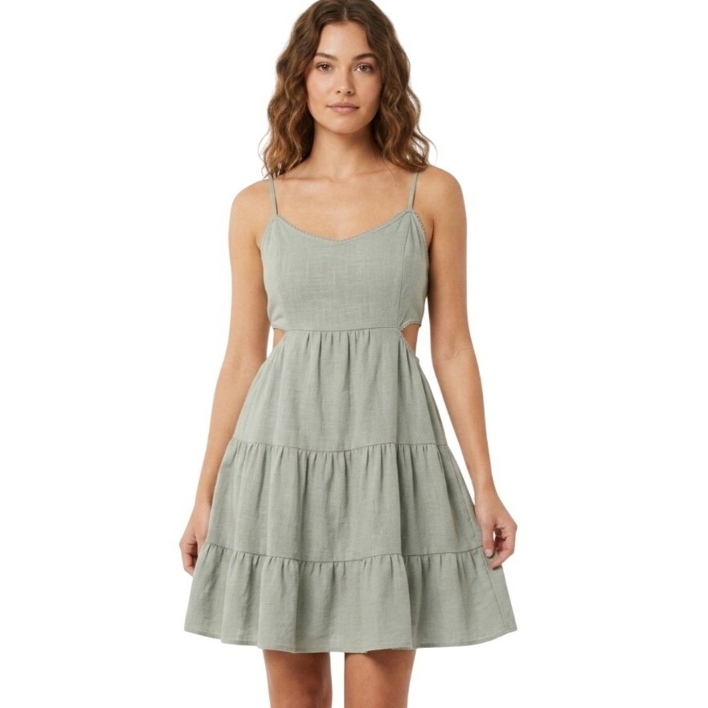 Altar'd State Mini Dress Womens S Sage Green Linen Blend Tiered Cut-Out Summer